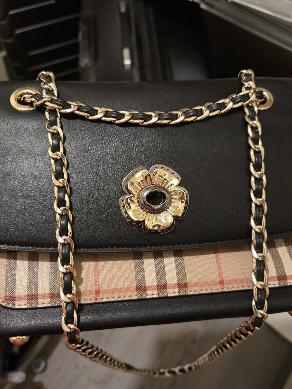 Black and Beige Women's Shoulder Bag with Gold Floral Clasp